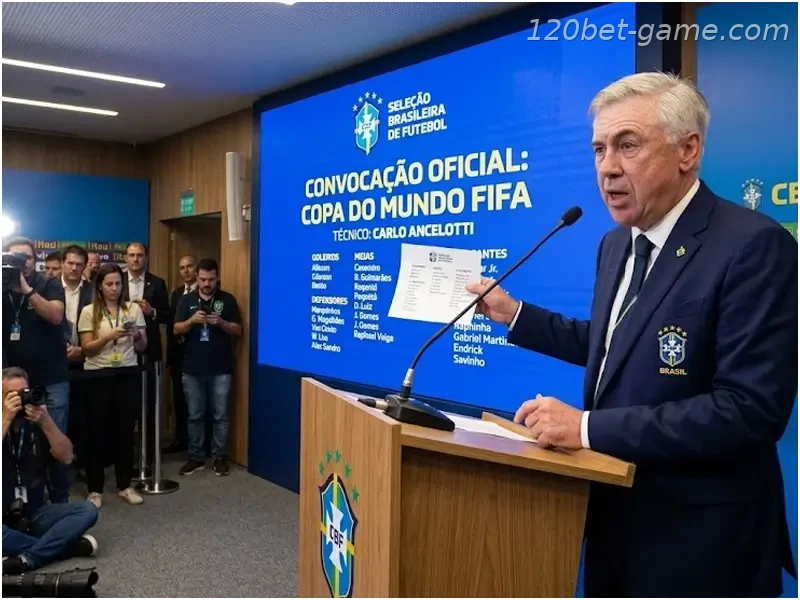 Técnico Carlo Ancelotti anunciando a convocação da Seleção Brasileira para a Copa do Mundo.
